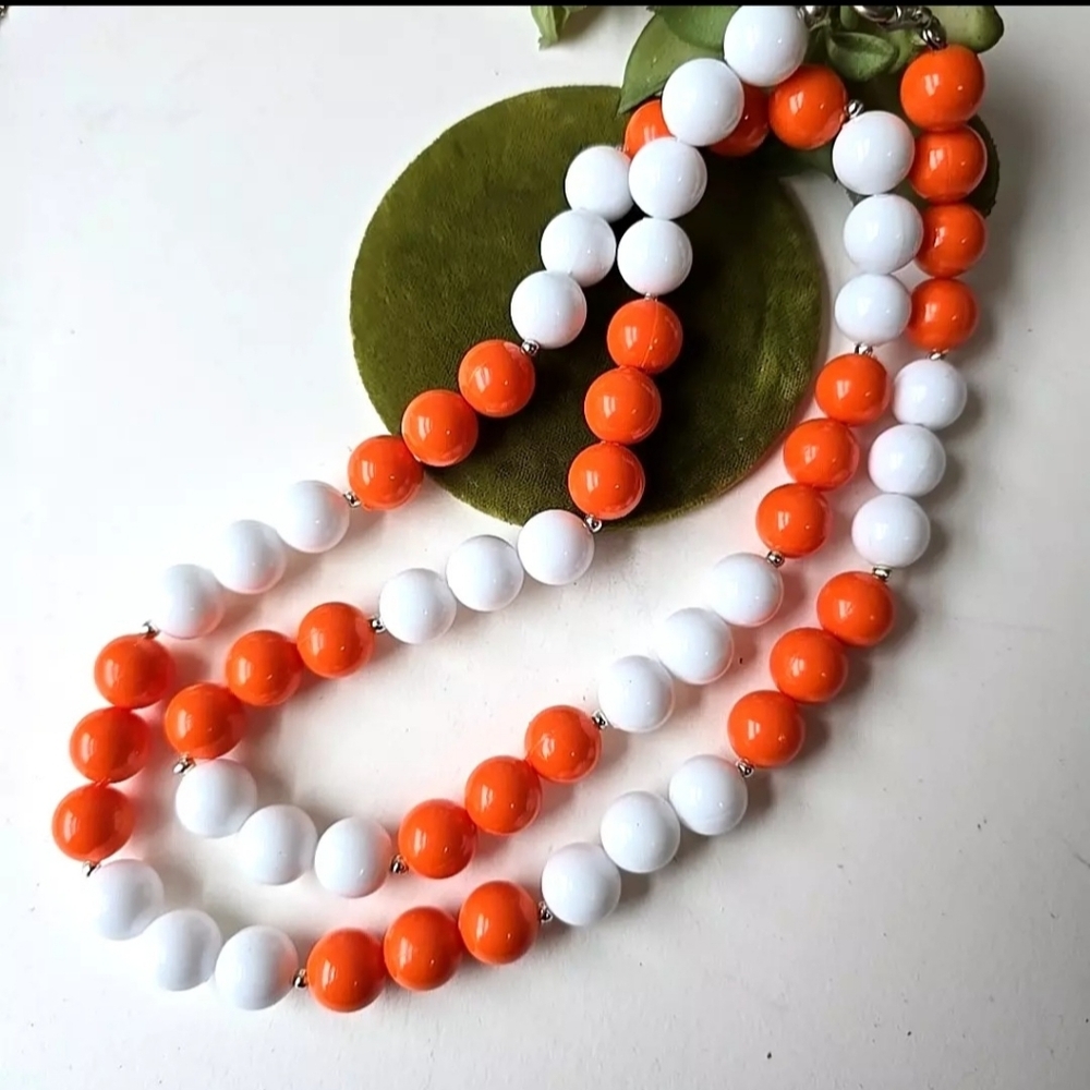 Vintage  White Orange Lucite Beads Necklace 30"L